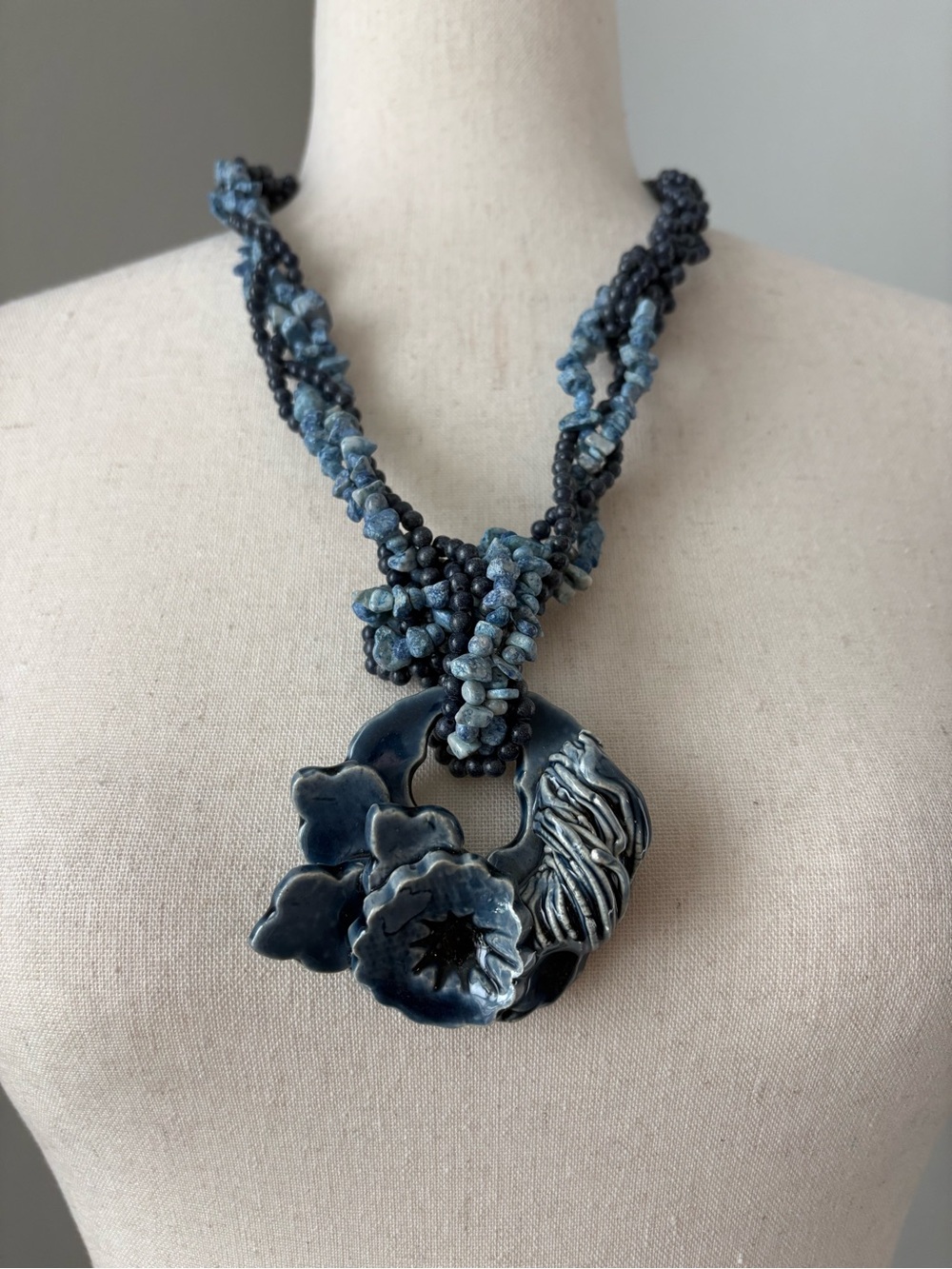 Artist Made Ceramic Pendent Necklace Multi-Strand Blue Beaded Signed 87 Jewelry
